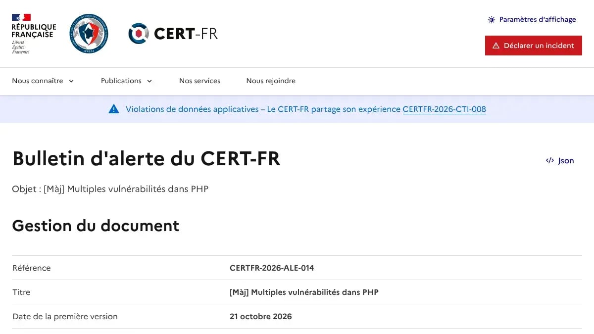 Bulletin d’alerte CERTFR-2026-ALE-014 du CERT-FR intitulé Multiples vulnérabilités dans PHP, publié le 21 octobre 2026