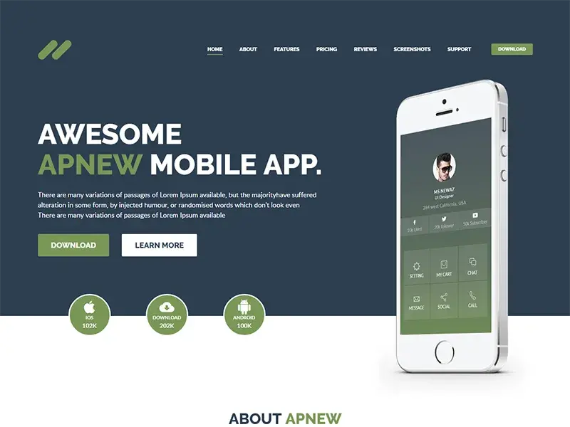 Apnew - app landing psd template