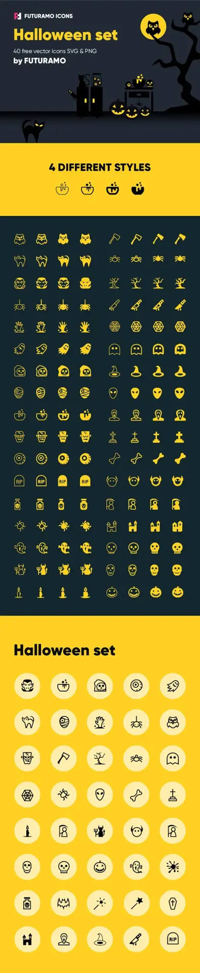 40 icônes gratuites avec 4 style différents sur le thème d'Halloween
