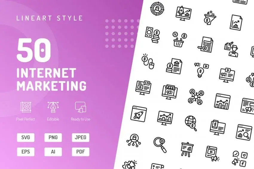 Bdw pack 50 icones internet marketing lineart