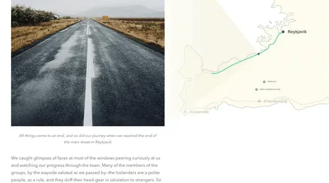 Expérience carte interactive retraçant un itinéraire de voyage avec des photos