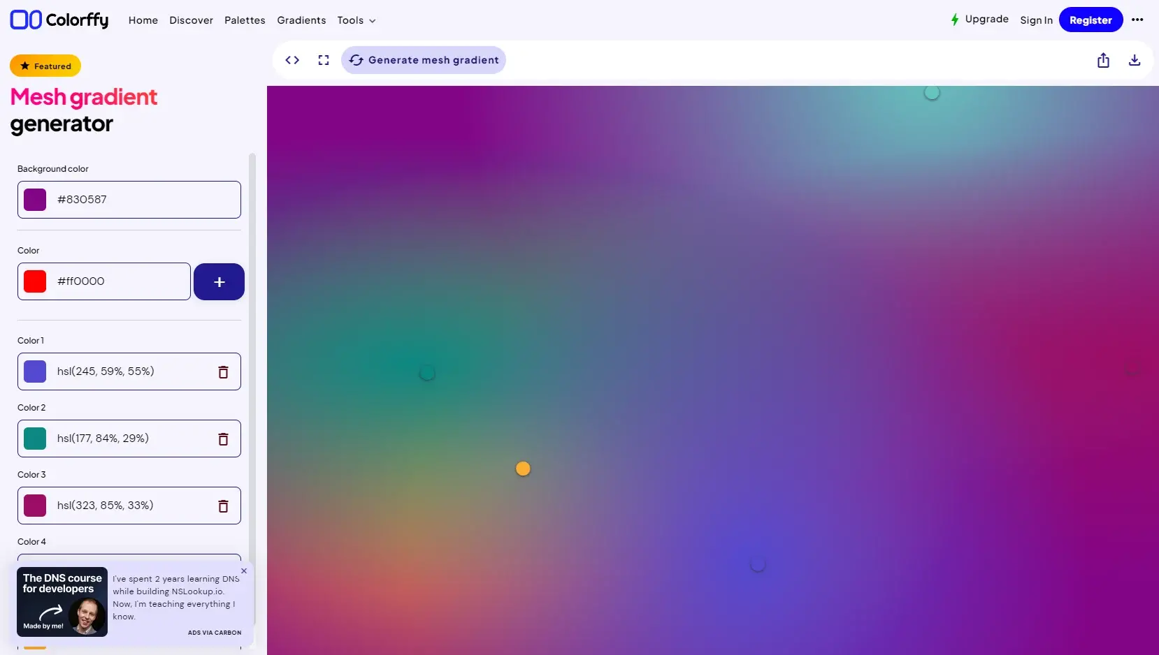Générateur dégradé couleur en ligne colorffy mesh gradients