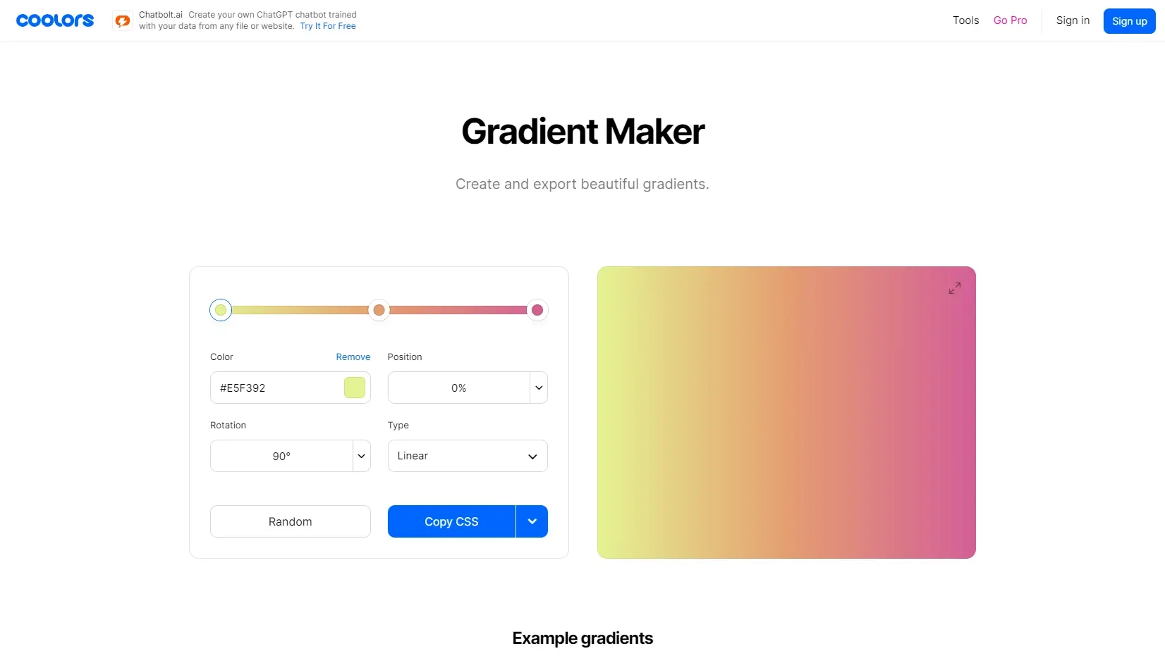 Générateur dégradé couleur en ligne gradient maker