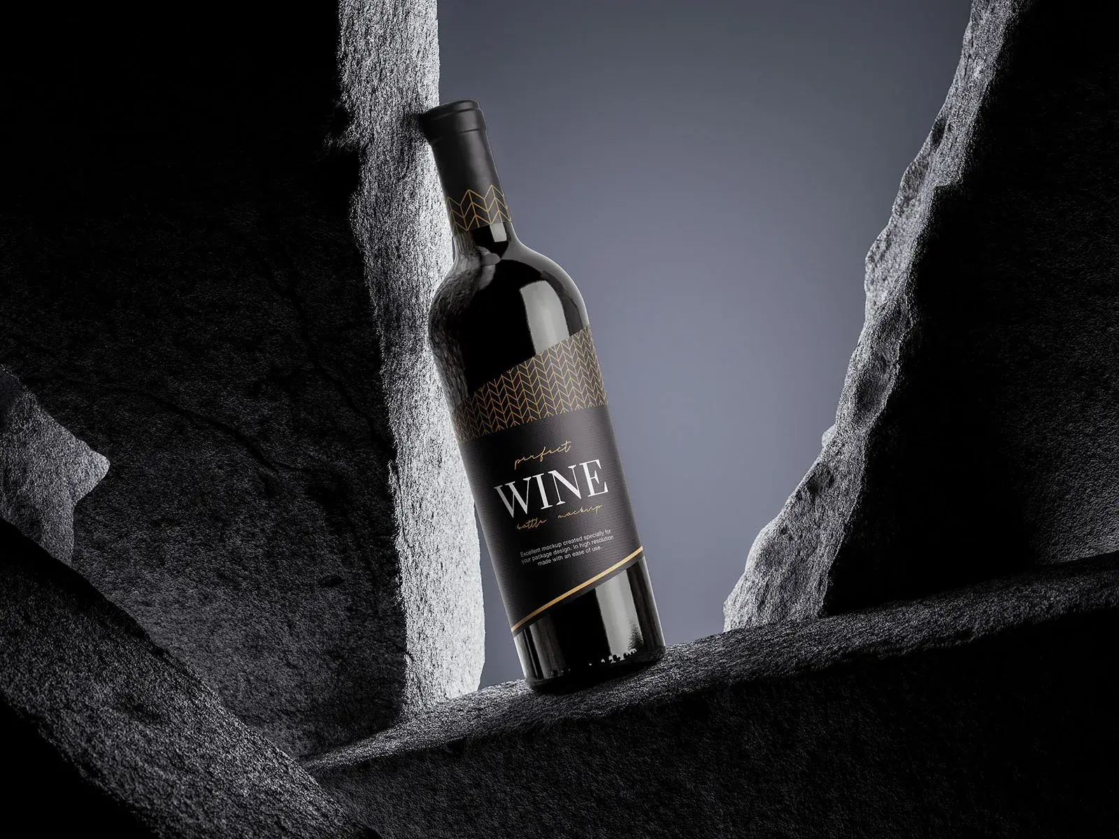 Mockup bouteille de vin rouge fond roche