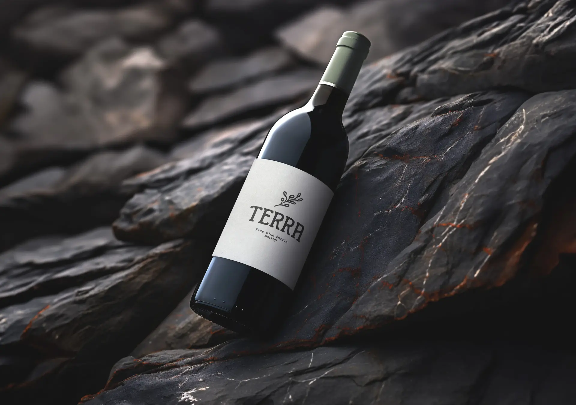Mockup bouteille de vin rouge fond rocheux