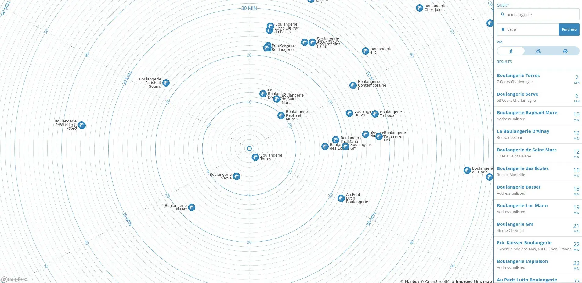 Carte isochrone boulangeries travail