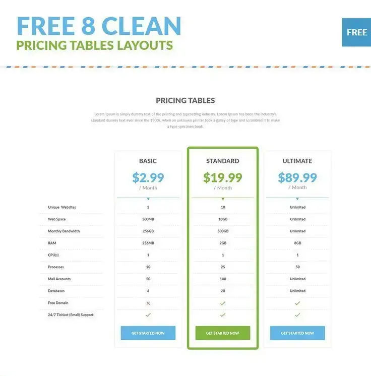 Free 8 Clean Pricing Tables Layouts par Mr. Dat