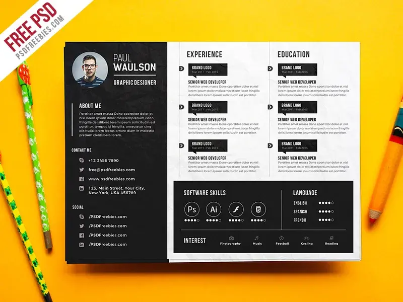 Creative horizontal cv resume template psd