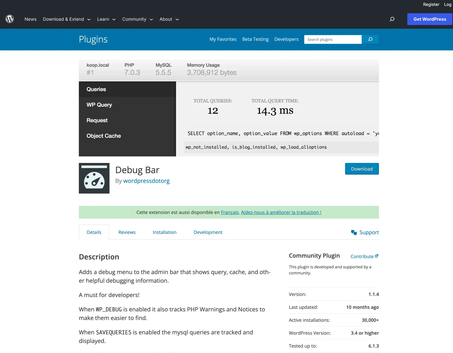 Debug bar ressource developpement wordpress