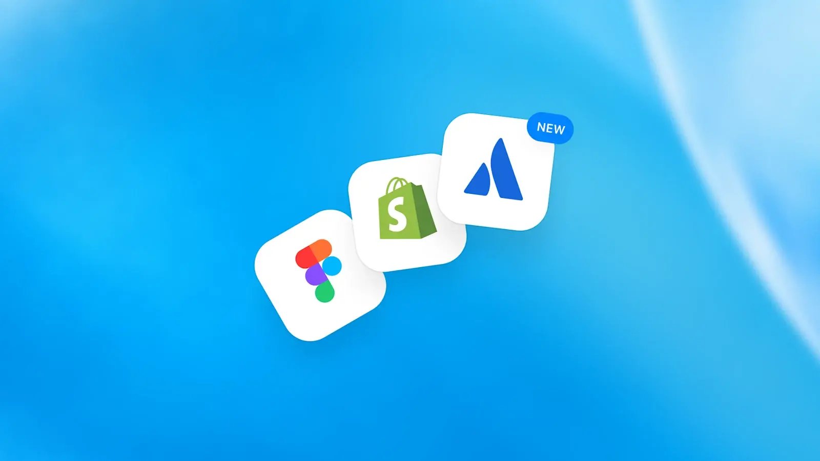 Icônes des plugins Figma, Shopify et Atlassian pour ChatGPT sur fond bleu