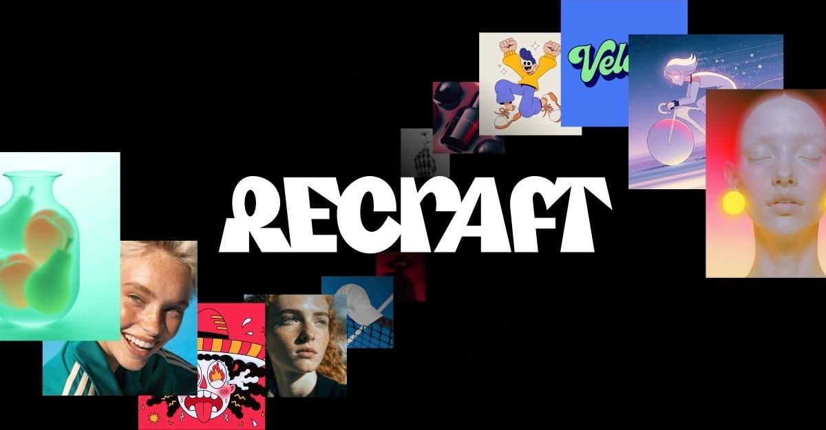 Logo Recraft entouré d’illustrations générées par IA