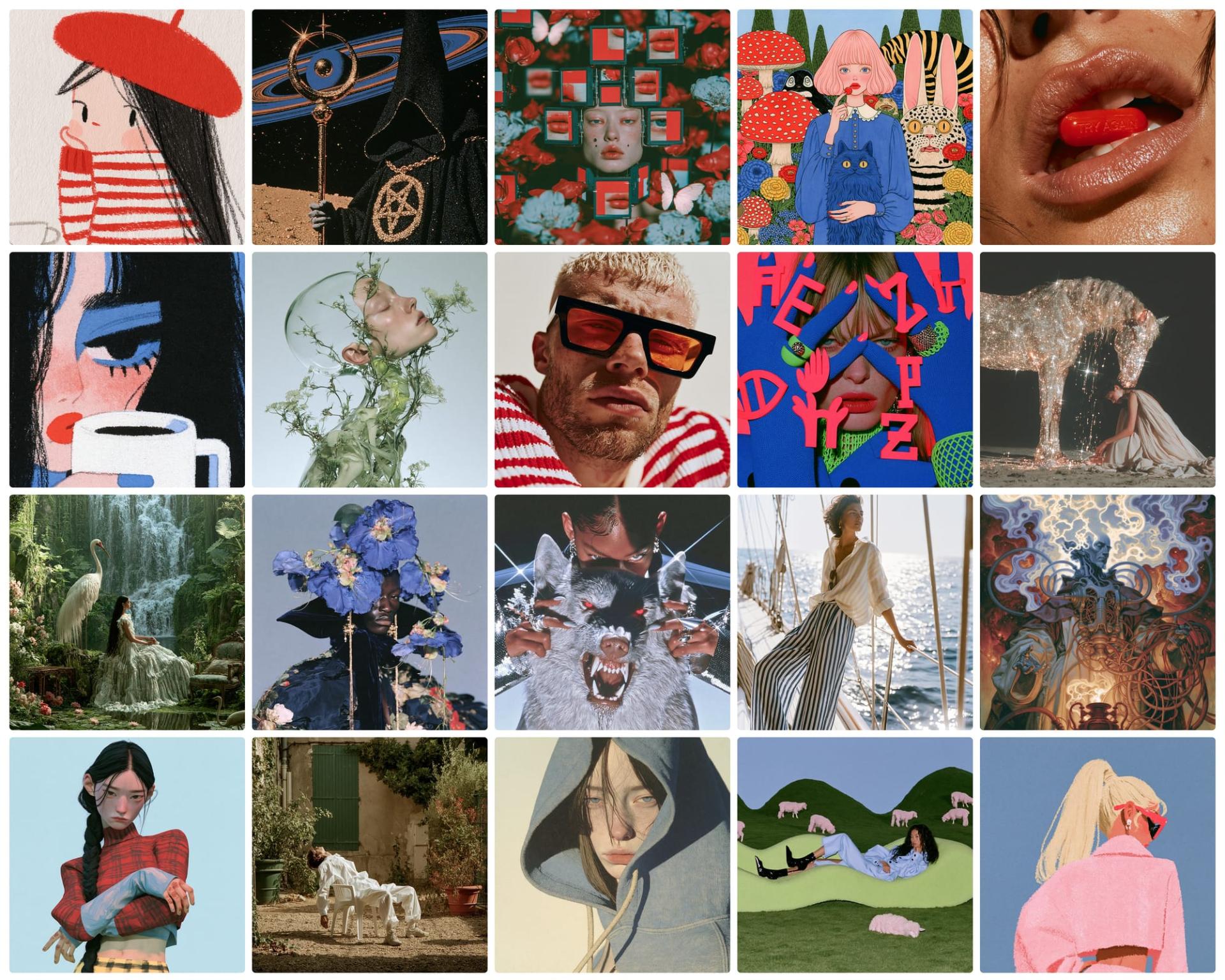 Grille d’images générées avec Midjourney V8.2 : illustrations, portraits et paysages