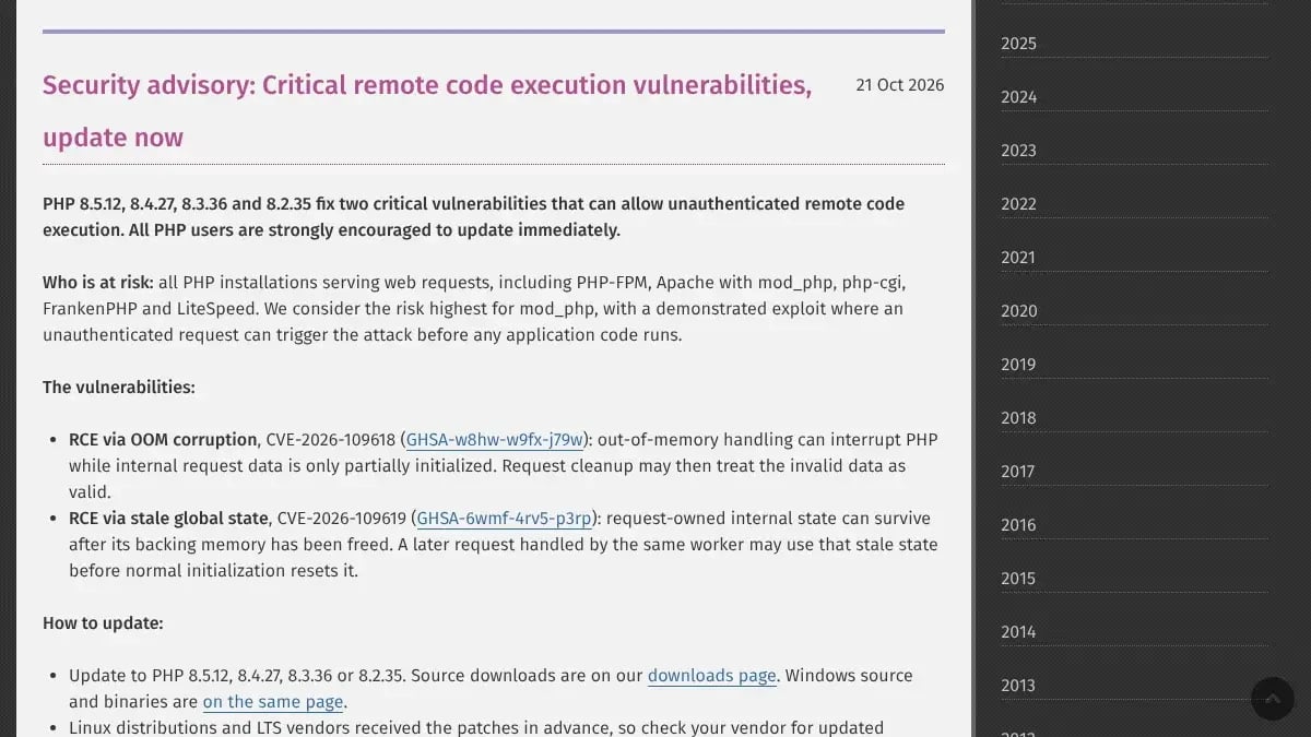 Avis de sécurité publié sur php.net le 21 octobre 2026 : les versions 8.5.12, 8.4.27, 8.3.36 et 8.2.35 corrigent deux failles d’exécution de code à distance