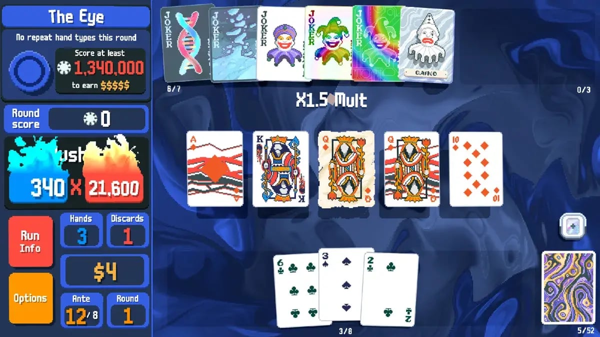 Balatro : partie de poker avec le score en jetons multiplié par le multiplicateur, cartes et jokers
