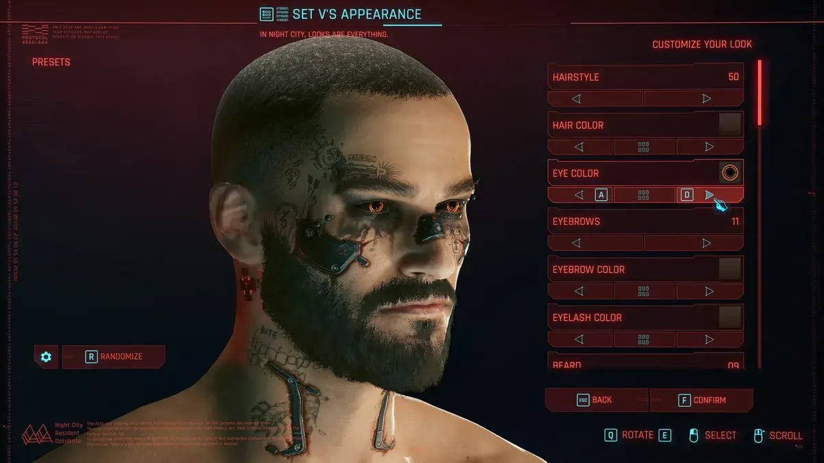 Cyberpunk 2077 : menu de personnalisation du personnage avec ses listes d’options en rouge et cyan