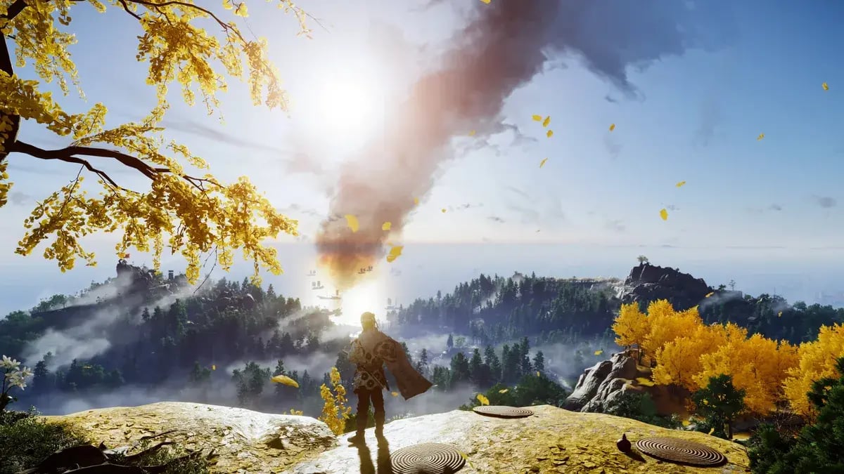 Ghost of Tsushima : samouraï face à un paysage d’automne, écran sans aucun élément d’interface
