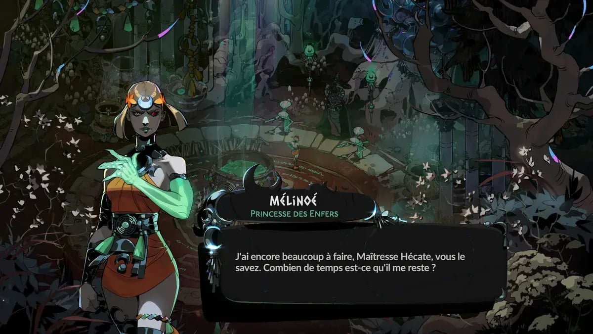Hades II : dialogue avec Mélinoé dans une boîte de texte illustrée, au style dessiné du jeu