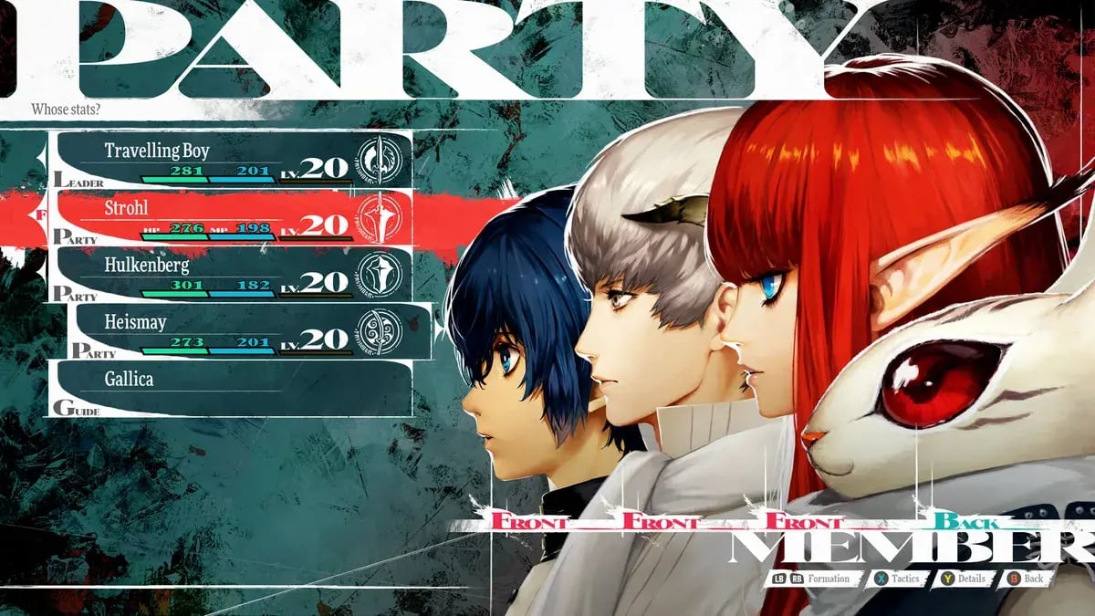 Metaphor: ReFantazio : menu Party avec le titre en très grandes capitales et les portraits des personnages