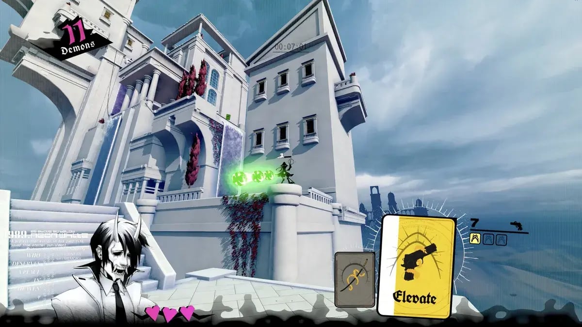 Neon White : jeu de tir en vue subjective avec une carte d’arme jaune Elevate et un portrait de personnage en noir et blanc