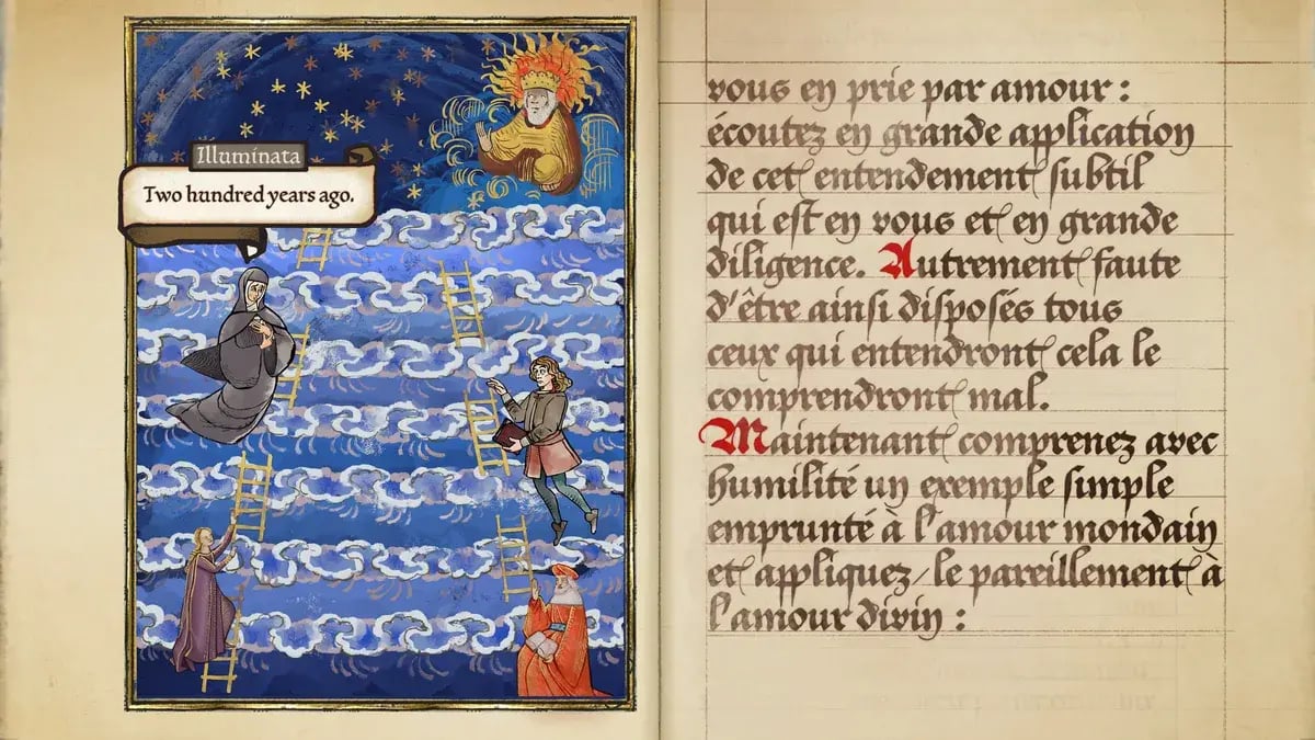 Pentiment : page de manuscrit enluminé avec un texte en écriture gothique et une bulle de dialogue