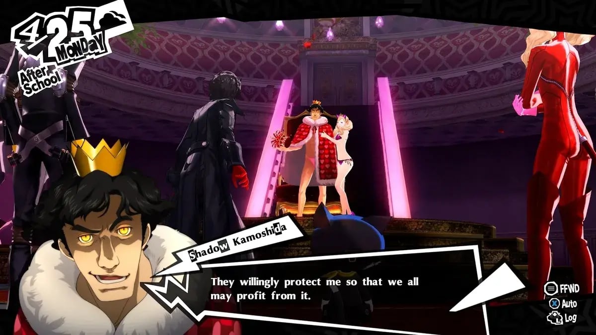 Persona 5 Royal : dialogue avec bulle noire anguleuse, date en lettres découpées et palette rouge, noir et blanc