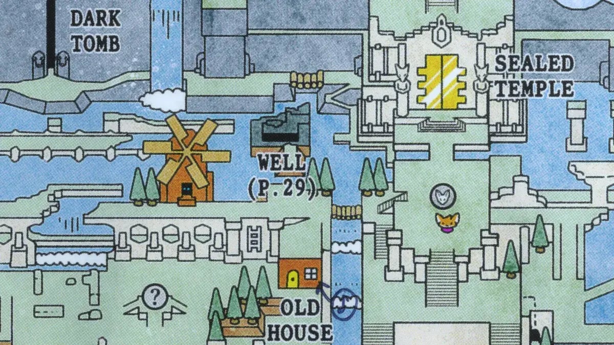 Tunic : page de notice du jeu dessinée à la main avec une carte et des annotations