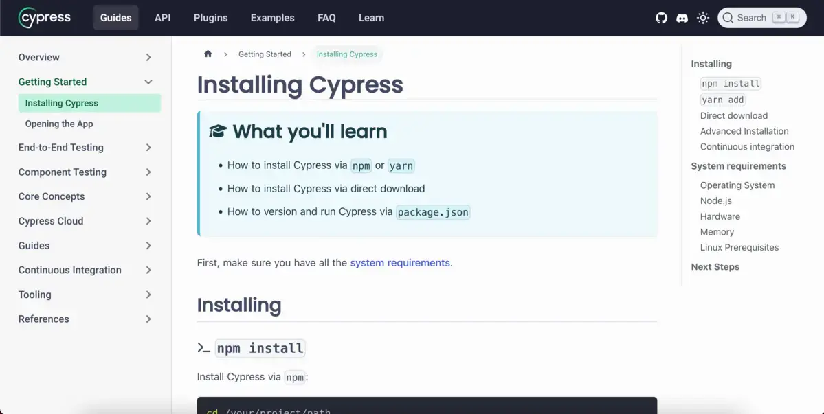 Installation cypress