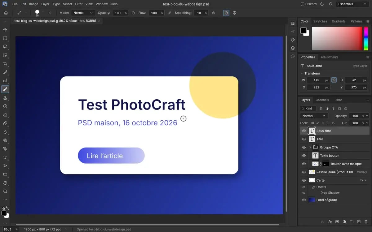 PhotoCraft 0.7.0 dans le navigateur : notre PSD de test ouvert avec ses 8 calques, son groupe, son masque, son ombre portée et son calque en mode Produit