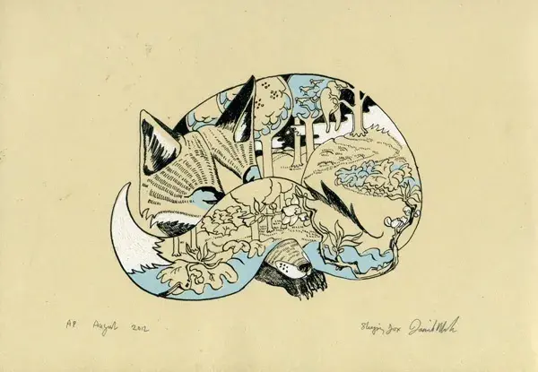 Sleeping fox screen print