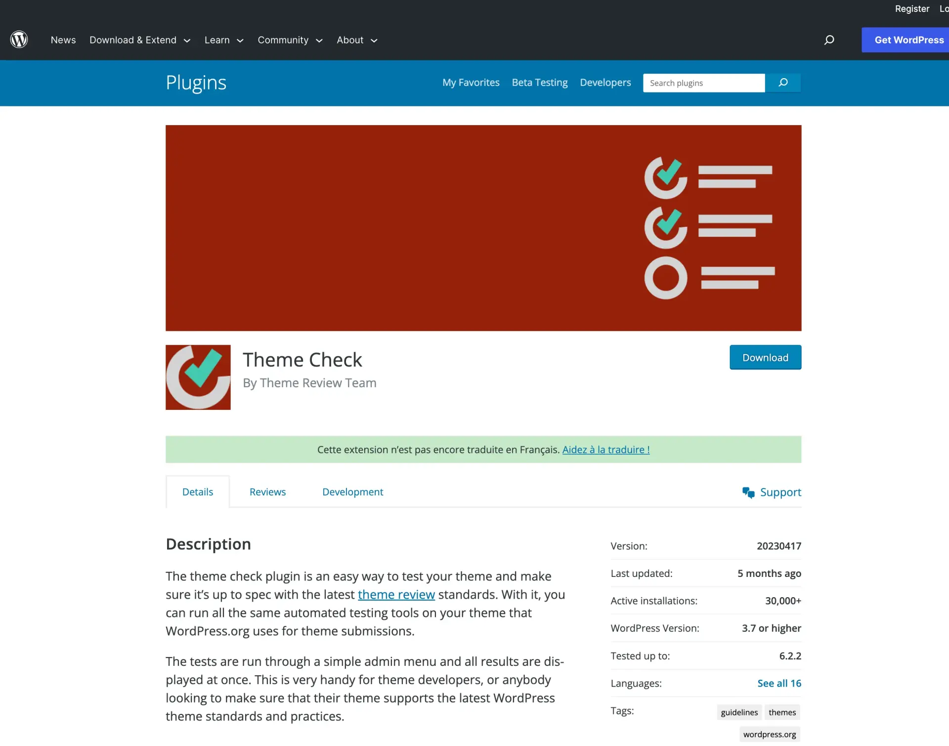 Theme check ressource developpement wordpress